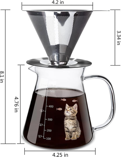 17 Oz Pour Over Coffee Maker with High Heat-Resistant Carafe and Permanent Stainless Steel Filter - Ideal for Home or Office Use